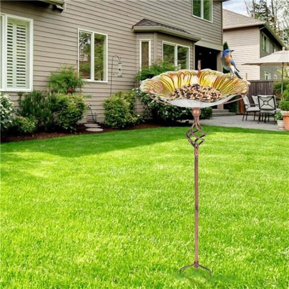 Bird Baths for Outdoors, Glass Birdbaths Outdoor Garden Birdfeeder with Metal - Picture 15 of 16